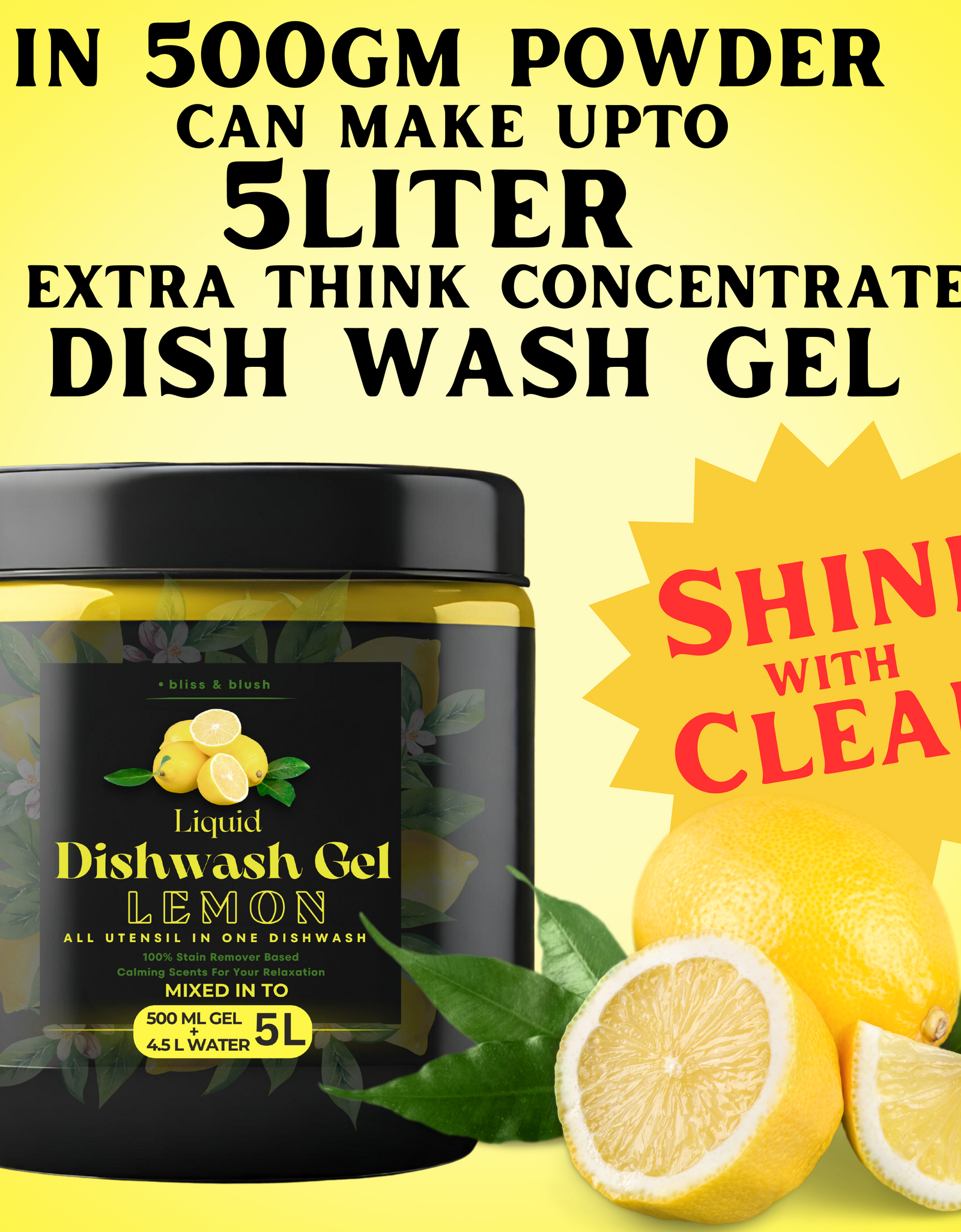 Dish Wash Liquid Gel  | In 500Gm Powder Can Make Upto 5 LTR | Dishwash Gel Infused With The Power Of Lemons