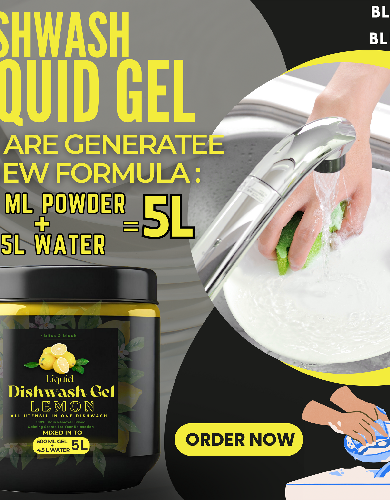 Dish Wash Liquid Gel  | In 500Gm Powder Can Make Upto 5 LTR | Dishwash Gel Infused With The Power Of Lemons