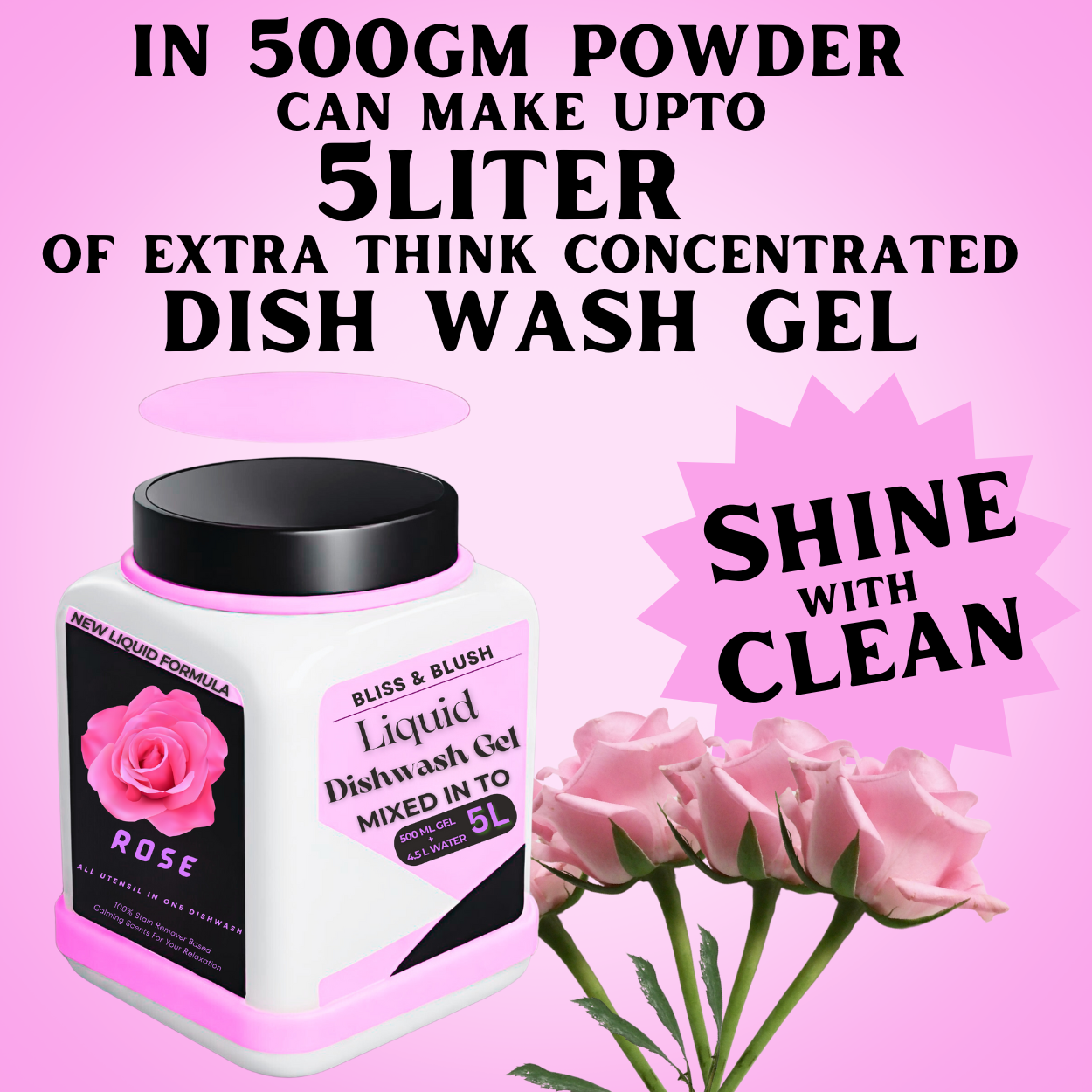 Dish Wash Liquid Gel  rose  | In 500Gm Powder Can Make Upto 5 LTR. Liquid Of Dish Wash