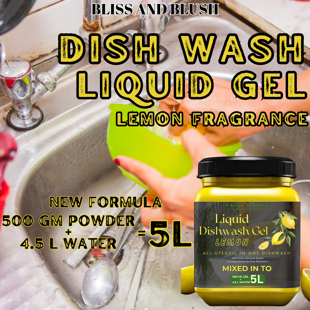 Dish Wash Gel 500 GM Lemon | In 500Gm Powder Can Make Upto 5 LTR. Liquid