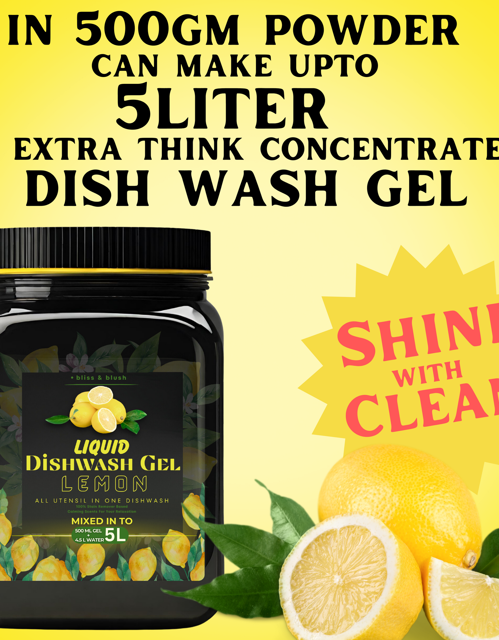 Dish Wash Gel 500 GM Lemon | Removes Tough Grease | In 500Gm Powder Can Make Upto 5 LTR. Liquid