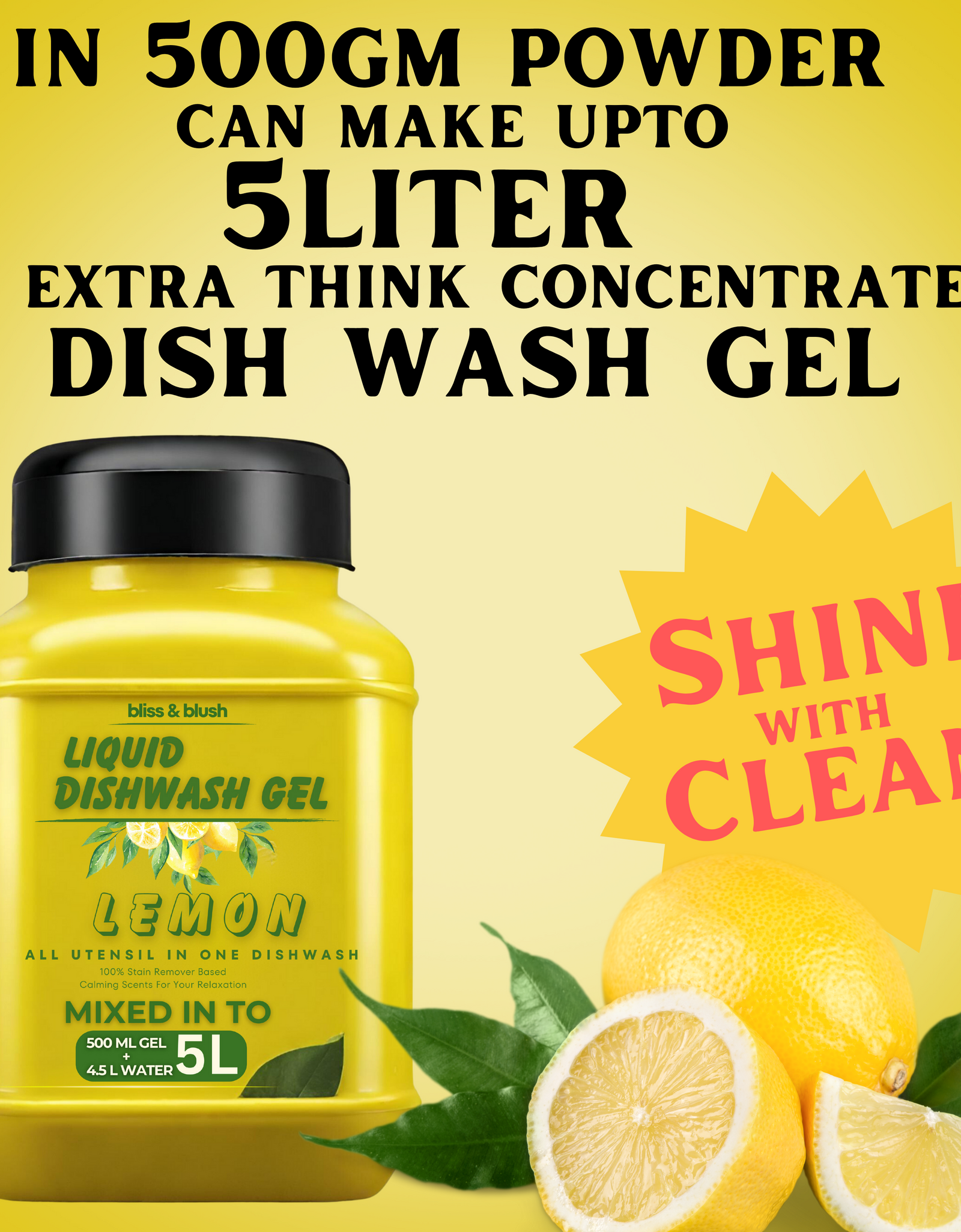 Dish Wash Gel 500 GM Lemon | In 500Gm Powder Can Make Up to 5 LTR. Liquid