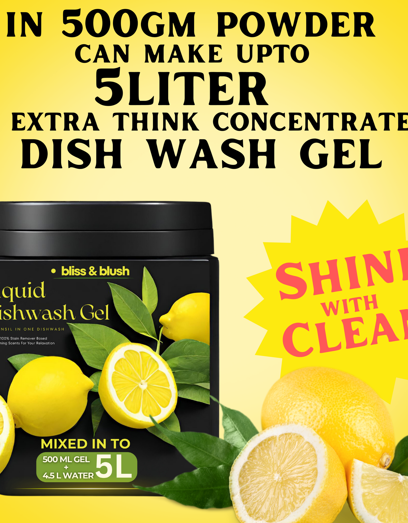 Dish Wash Gel 500 GM Lemon |  In 500Gm Powder Can Make Upto 5 LTR. Liquid