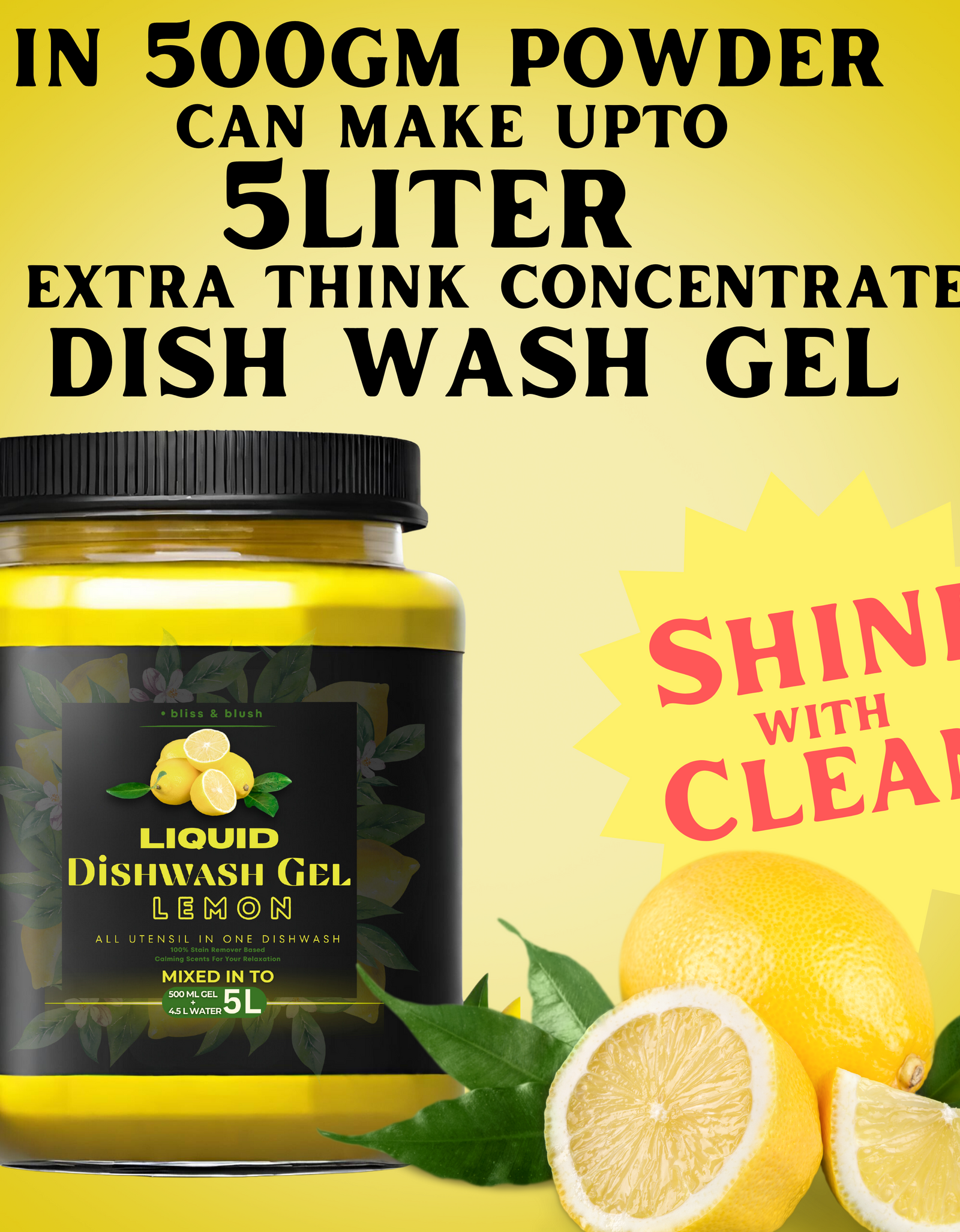 Dish Wash Gel Lemon 500 GM  | In 500Gm Powder Can Make Upto 5 LTR. Liquid