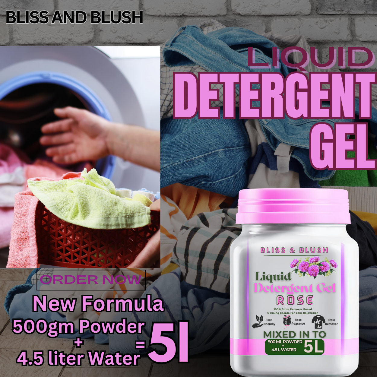 Detergent Gel 500 Gm Rose | Non-Toxic And Eco-Friendly | In 500Gm Powder Can Make Upto 5 LTR. Liquid