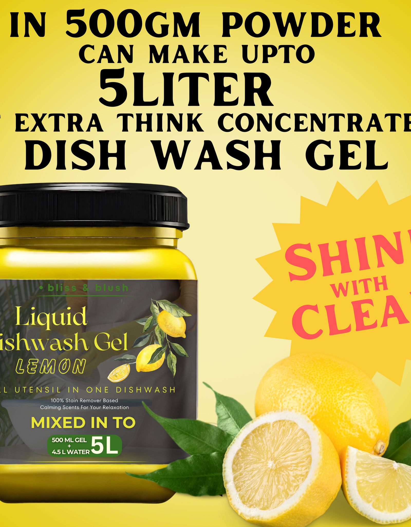 Dish Wash Gel 500 GM Lemon | In 500Gm Powder Can Make Upto 5 LTR. Liquid