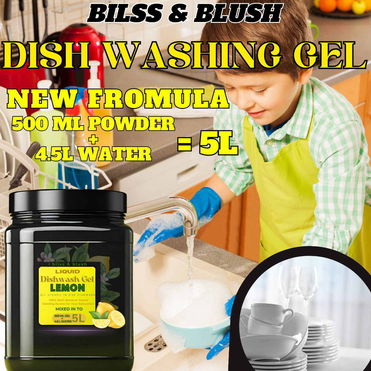 Dish Wash Gel 500 GM Lemon | Leaves No Residue | In 500Gm Powder Can Make Upto 5 LTR. Liquid