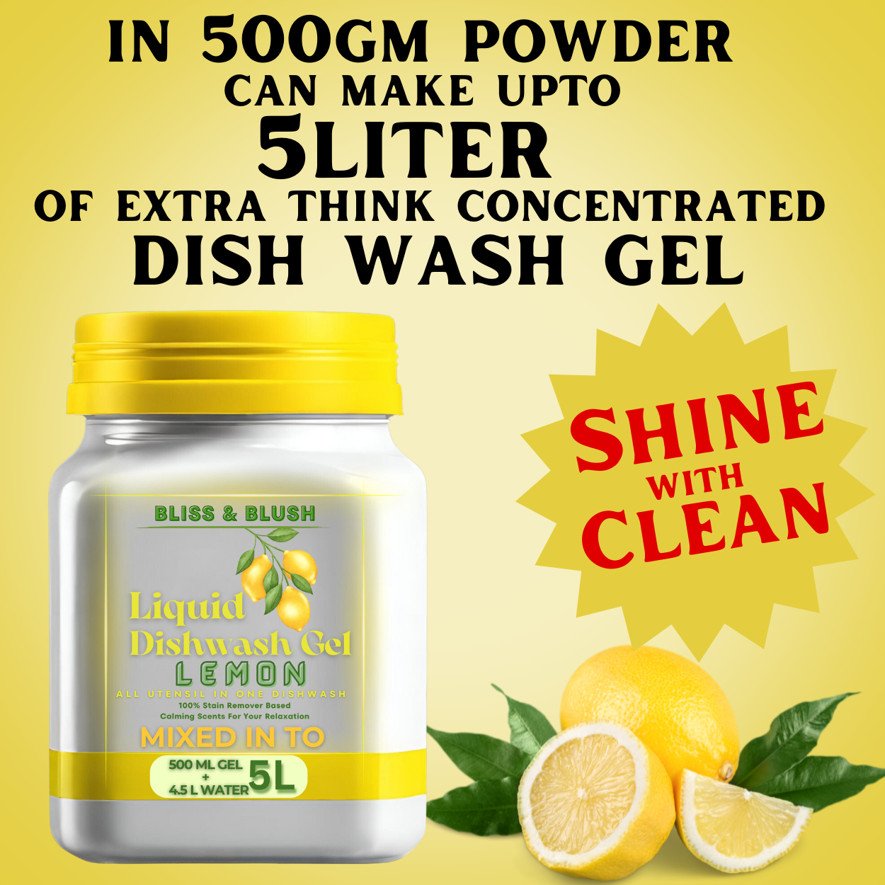 Dish Wash Gel 500 GM Lemon | Removes Tough Grease | In 500Gm Powder Can Make Upto 5 LTR. Dish Washing Liquid