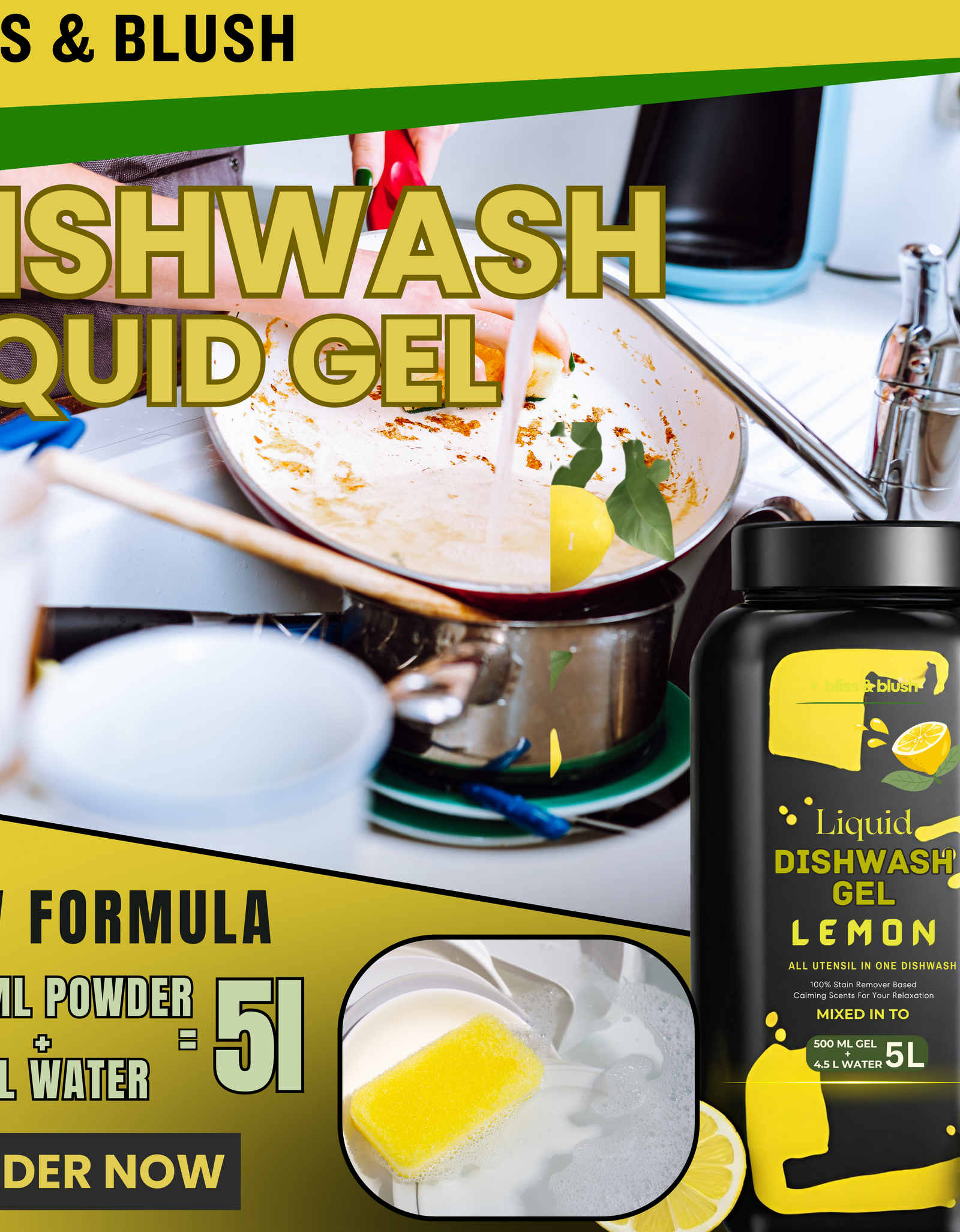 Dish Wash Liquid Gel Lemon | In 500Gm Powder Can Make Upto 5 LTR. Liquid