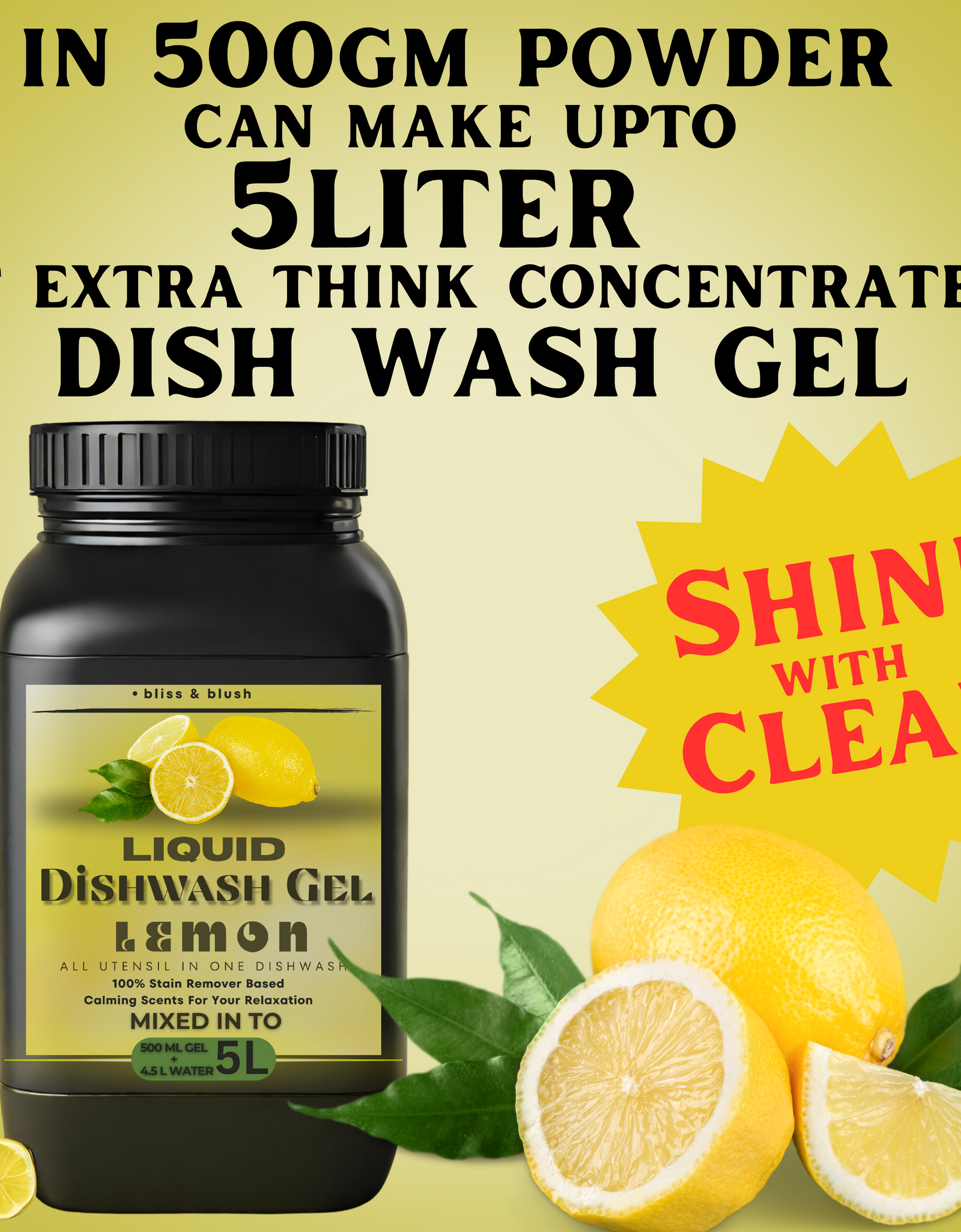Dish Wash Liquid Gel | In 500Gm Powder Can Make Upto 5 LTR. Liquid