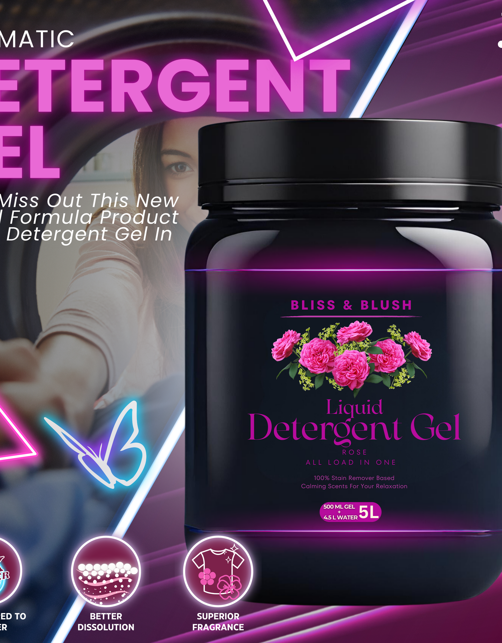 Bliss & Blush Detergent gel 500 gm Rose Fragrance |  In 500Gm Powder Can Make Upto 5 LTR. Liquid