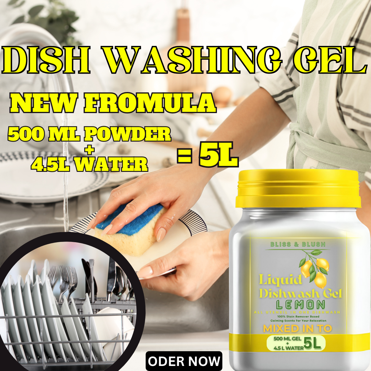Dish Wash Gel 500 GM Lemon | Removes Tough Grease | In 500Gm Powder Can Make Upto 5 LTR. Dish Washing Liquid
