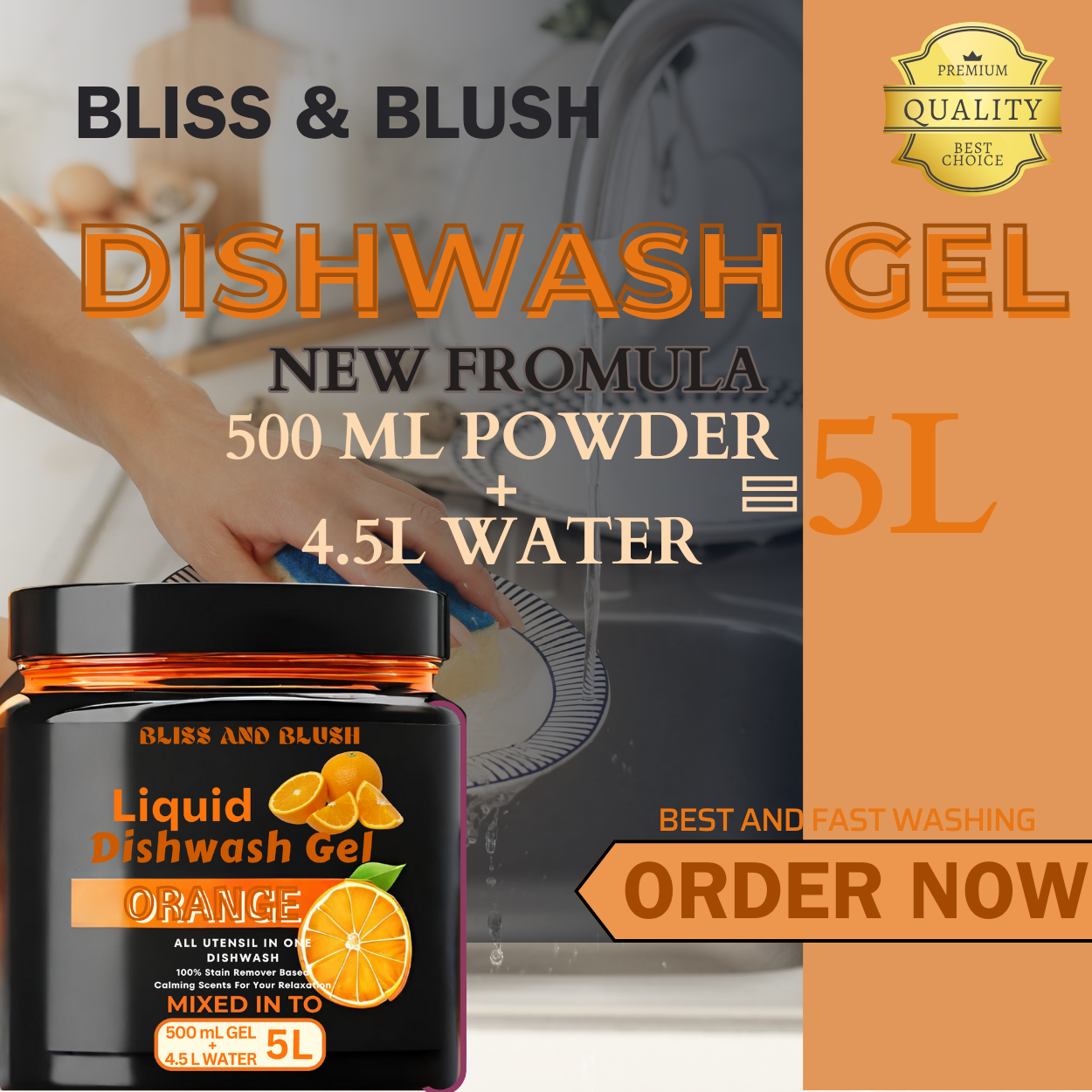 Dish Wash Gel |With Orange Fragrance|In 500Gm Powder Can Make Upto 5 LTR. Dish Wash Liquid