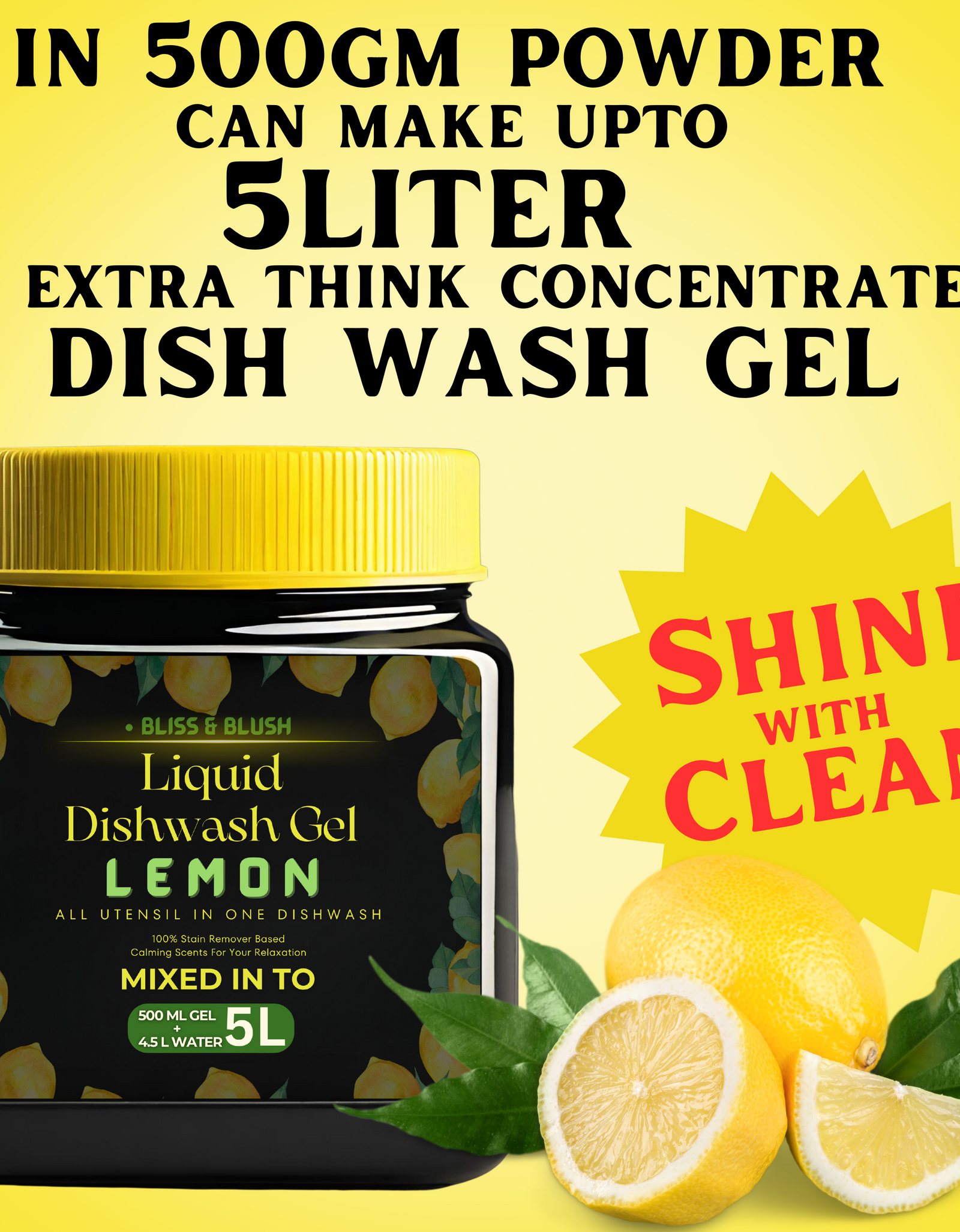Dish Wash Liquid Gel Lemon | In 500Gm Powder Can Make Upto 5 LTR. From Dish Wash Gel