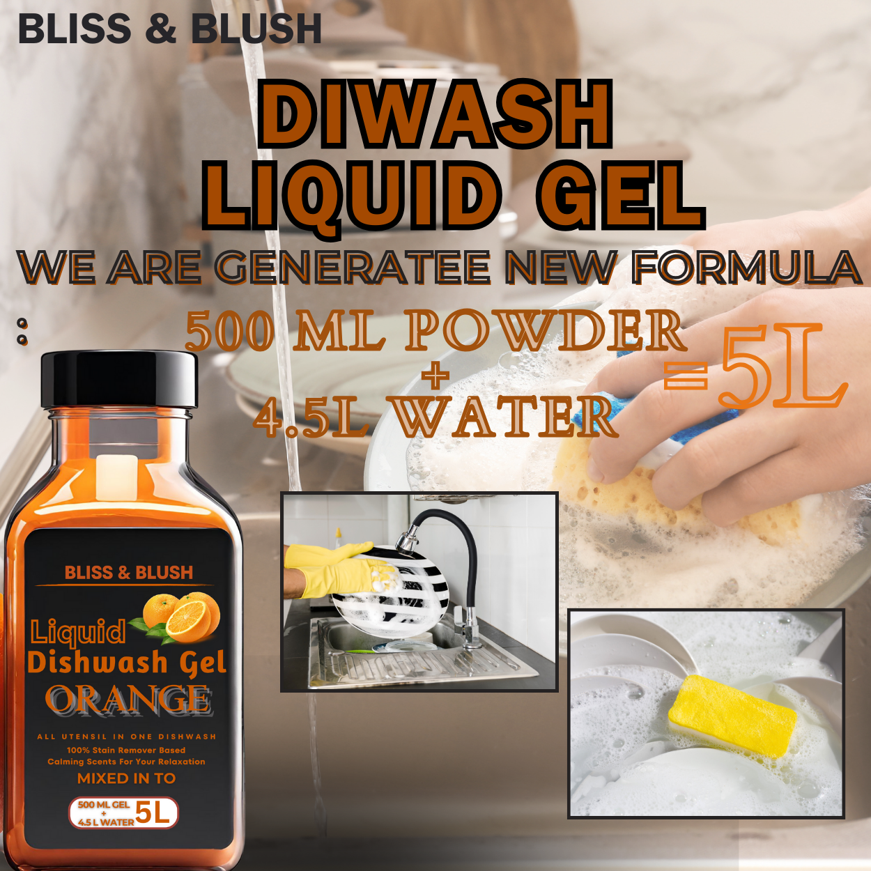 Dish Wash Gel | Orange Fragrance|In 500Gm Powder Can Make Upto 5 LTR. Liquid Dish Wash