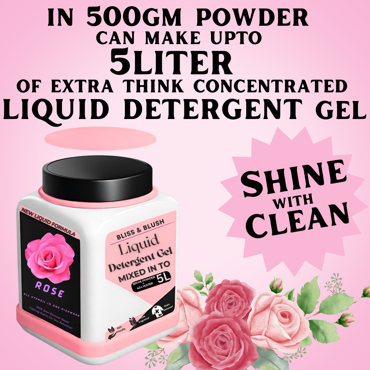 Bliss And Blish Detergent Gel 500ml Rose | In 500Gm Powder Can Make Upto 5 LTR. Liquid