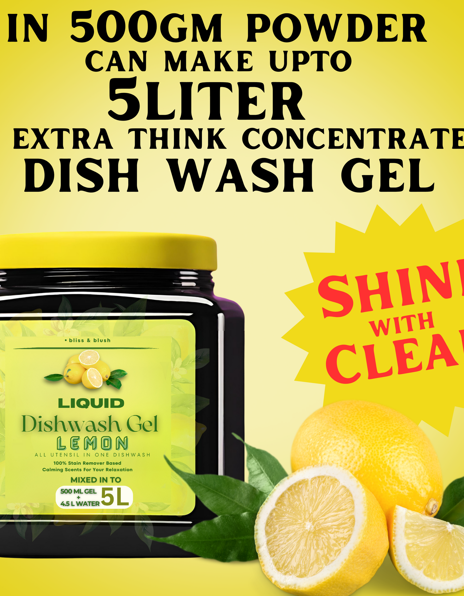 Dish Wash Liquid Gel Lemon | In 500Gm Powder Can Make Upto 5 LTR. Dish Wash Liquid.| Safe for Baby & Pet Utensils
