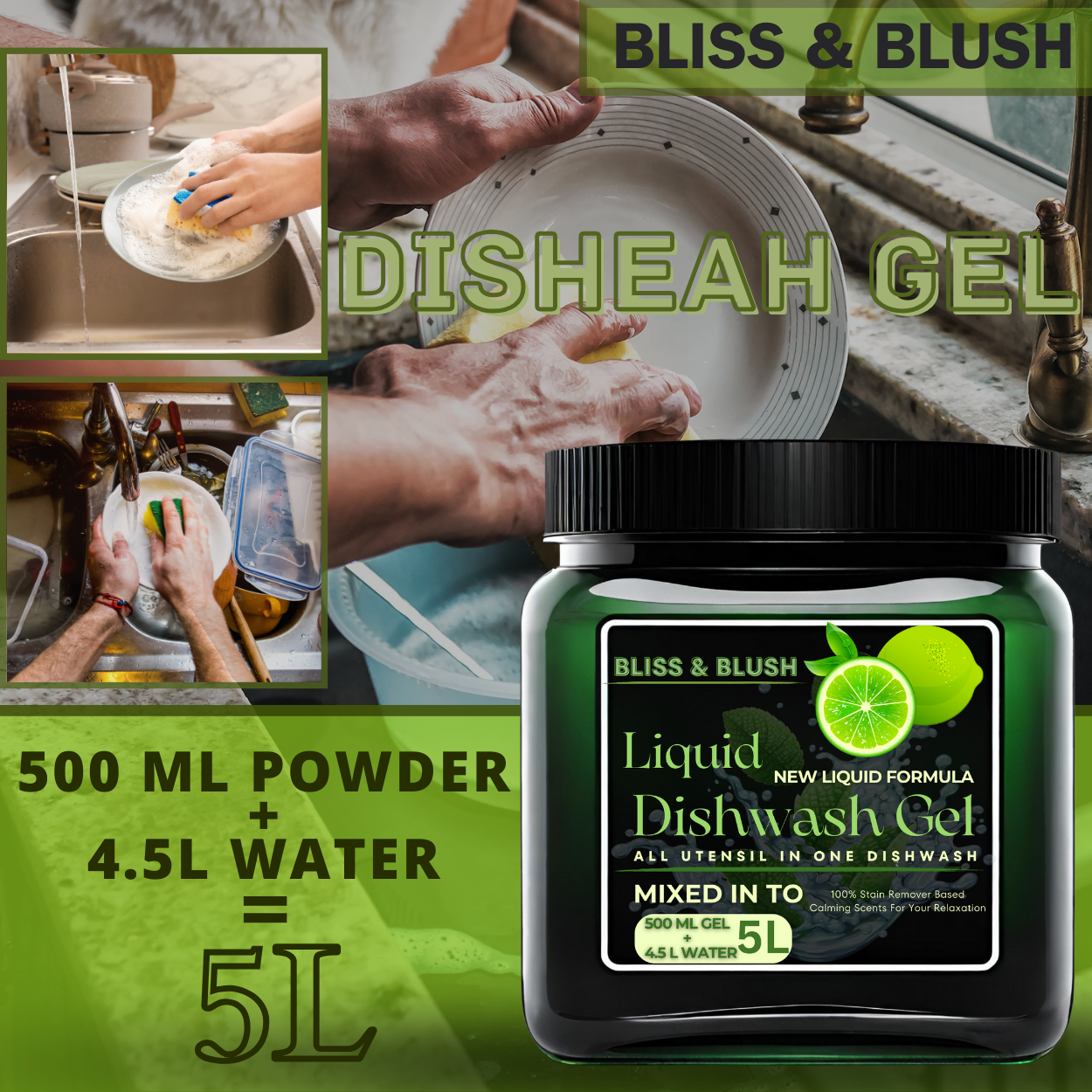 Dish Wash Gel | In 500Gm Powder Can Make Upto 5 LTR. Dish Washing Liquid