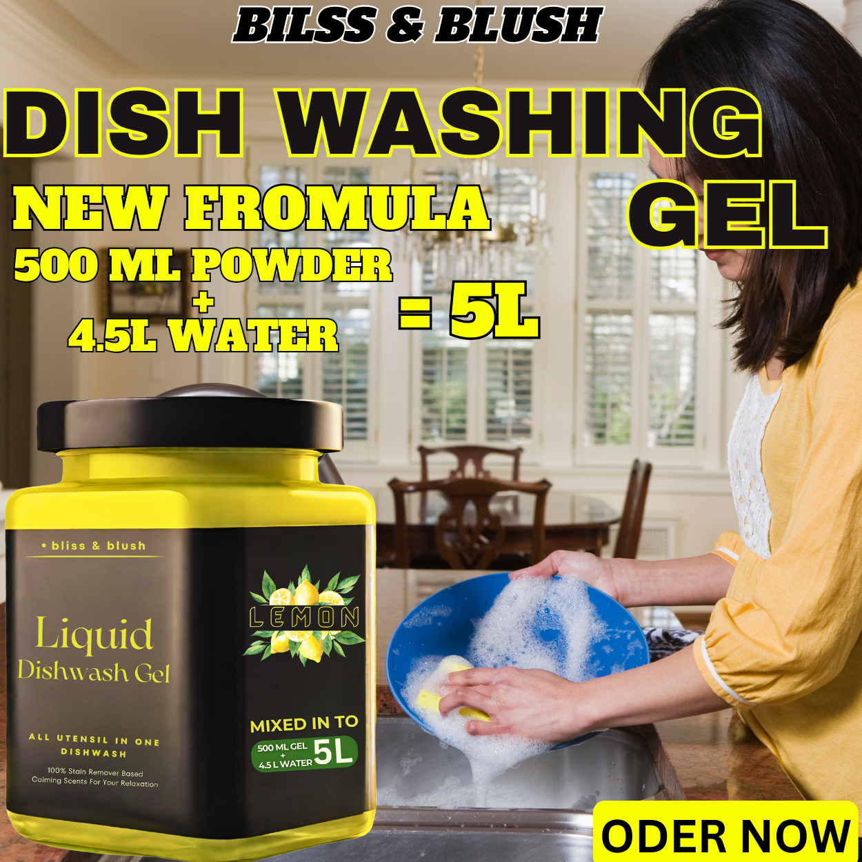 Dish Wash Liquid Gel  | In 500Gm Powder Can Make Upto 5 LTR | Leaves No Residue, Grease Cleaner For All Utensils