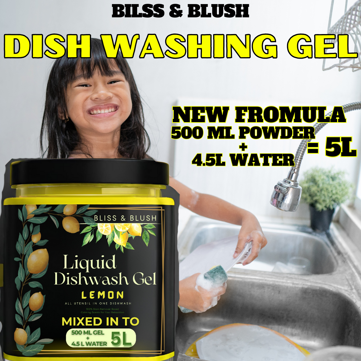 Bliss And Blush Dish Wash Gel 500-gm Lemon | In 500Gm Powder Can Make Upto 5 LTR. Dish Wash Liquid