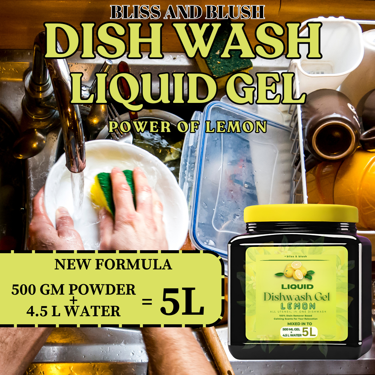 Dish Wash Liquid Gel Lemon | In 500Gm Powder Can Make Upto 5 LTR. Dish Wash Liquid.| Safe for Baby & Pet Utensils