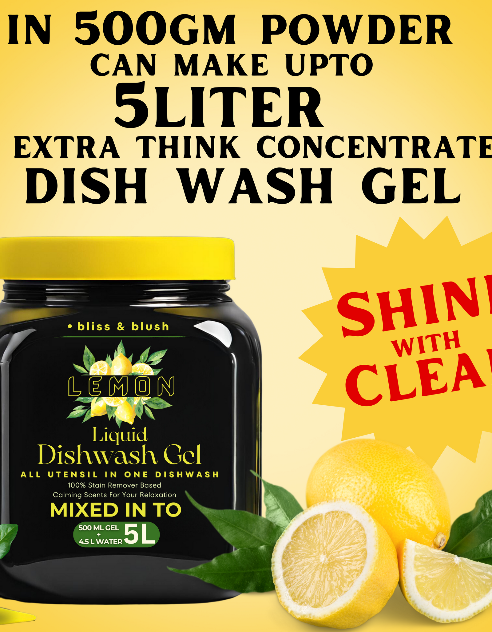 Dish Wash Liquid Gel | In 500Gm Powder Can Make Upto 5 LTR | Dishwash Gel Yellow Lemon