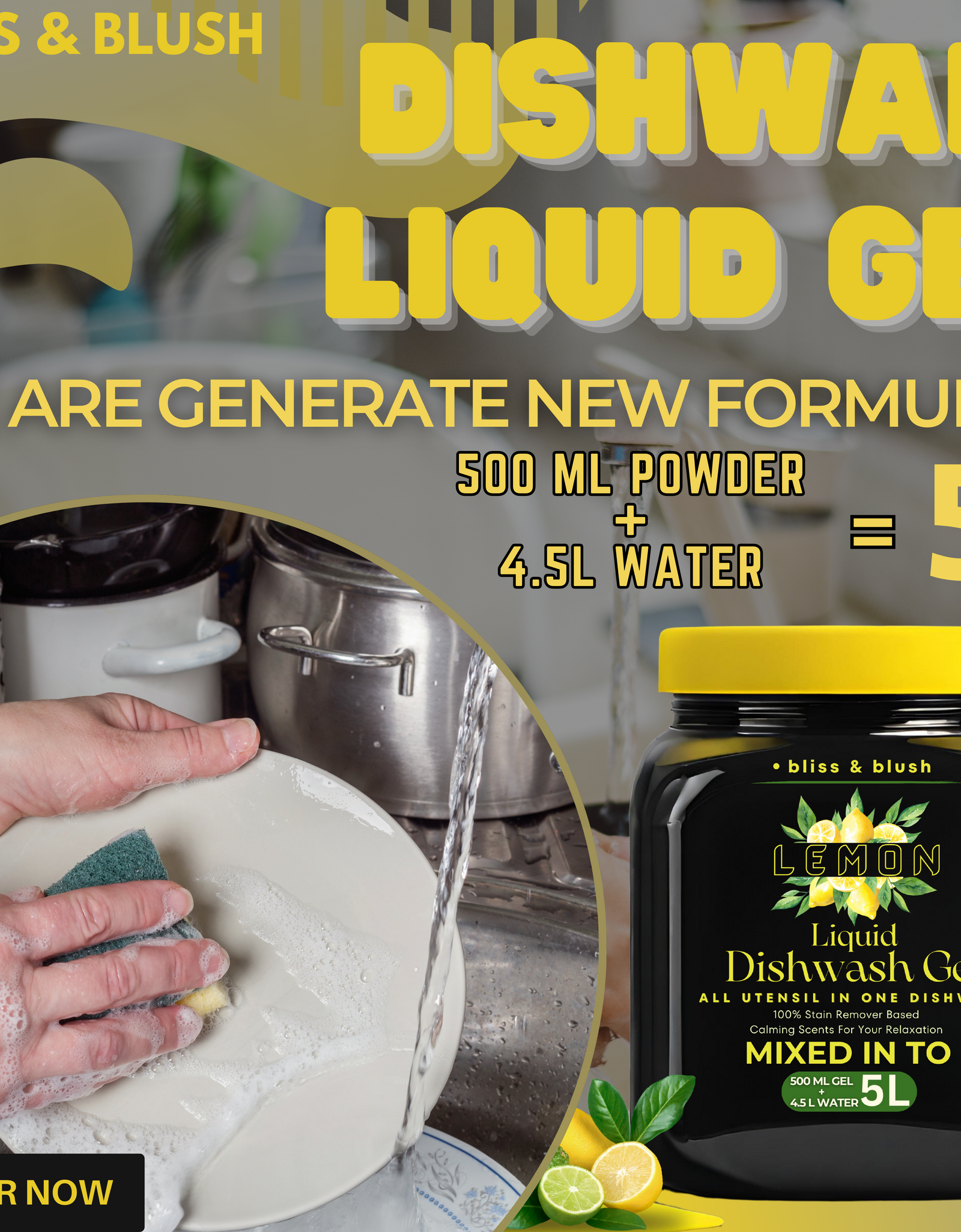 Dish Wash Liquid Gel | In 500Gm Powder Can Make Upto 5 LTR | Dishwash Gel Yellow Lemon