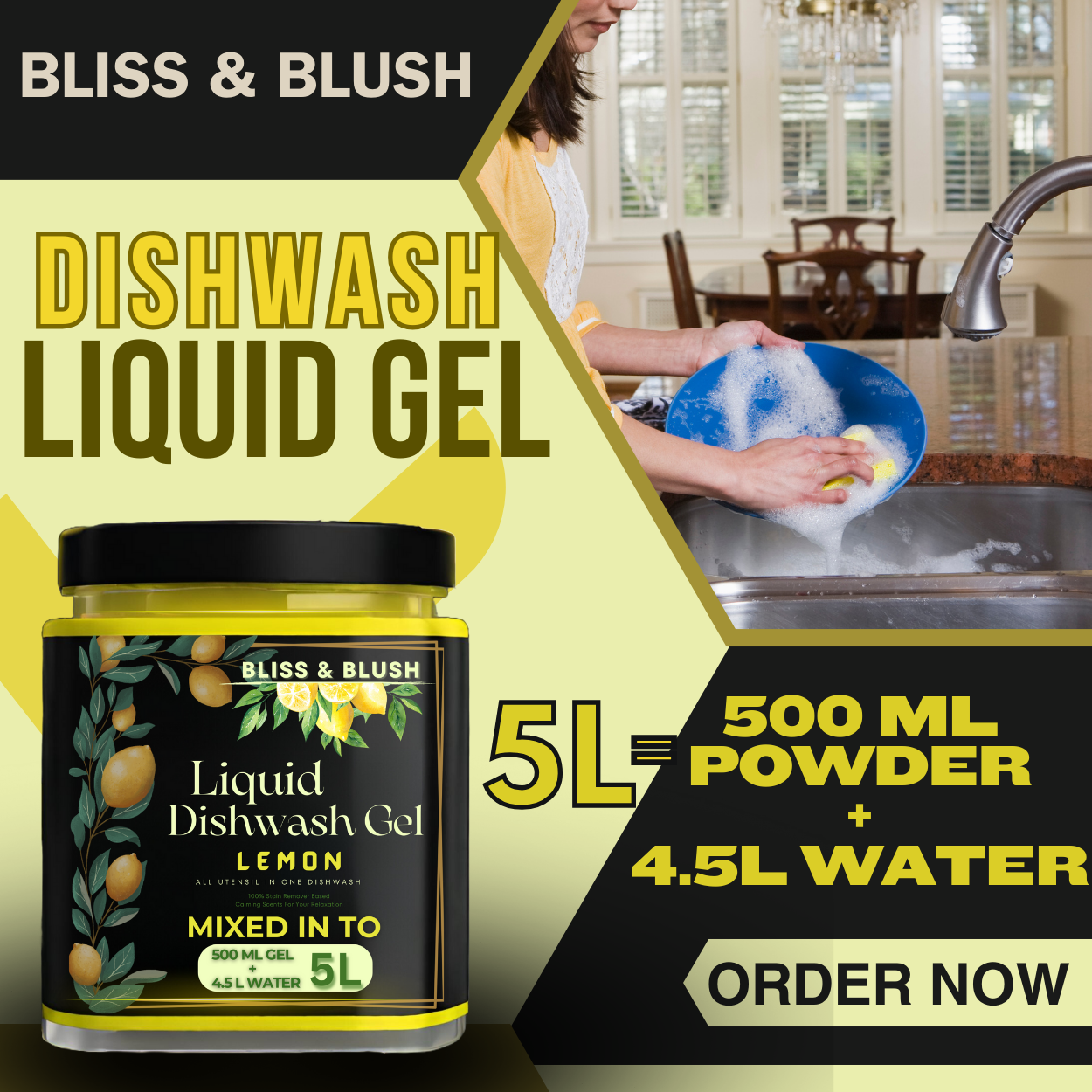 Bliss And Blush Dish Wash Gel 500-gm Lemon | In 500Gm Powder Can Make Upto 5 LTR. Dish Wash Liquid