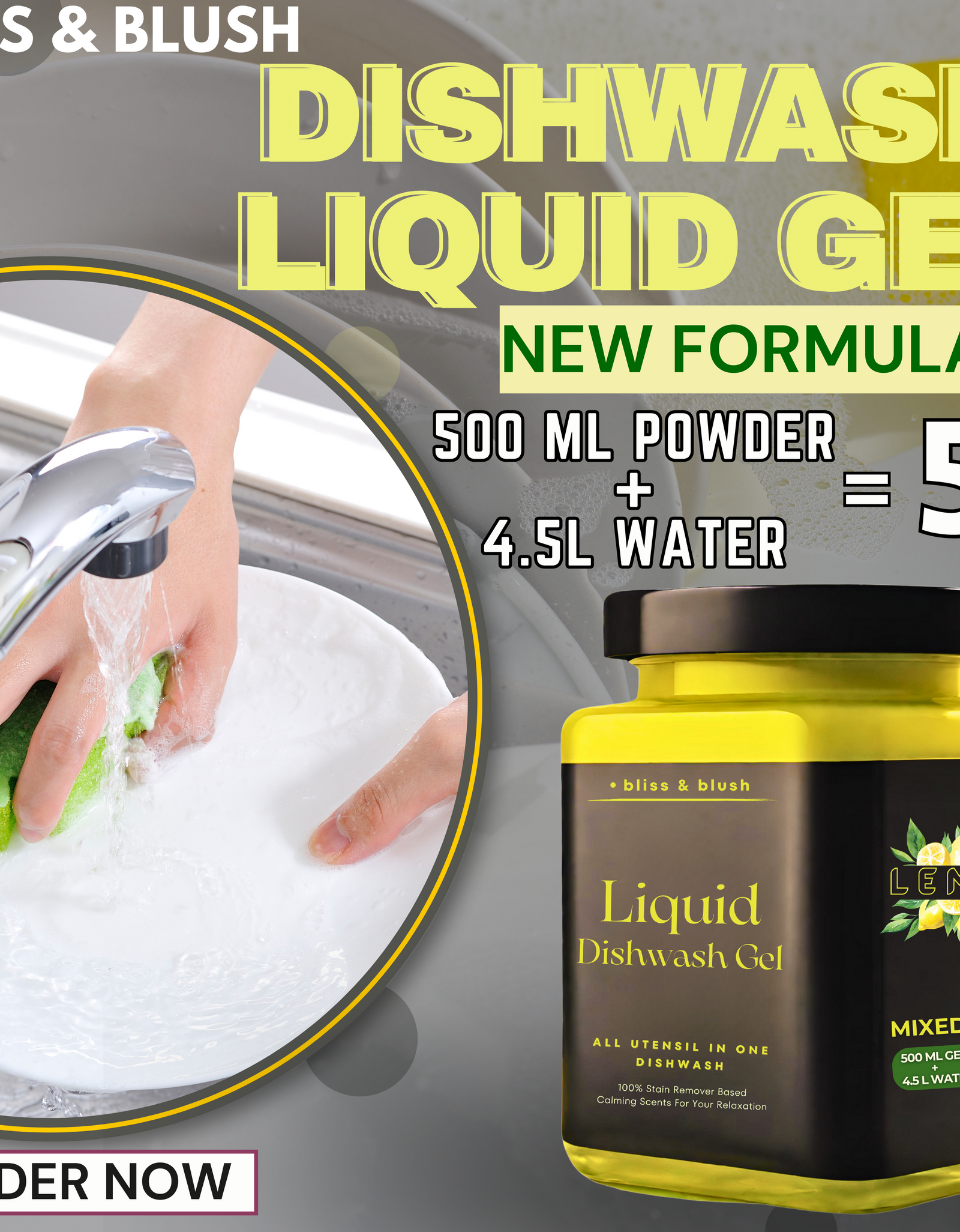 Dish Wash Liquid Gel  | In 500Gm Powder Can Make Upto 5 LTR | Leaves No Residue, Grease Cleaner For All Utensils